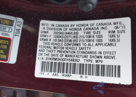 2015 Honda Cr-V Lx из США, поврежденный, VIN 2HKRM3H30FH548362